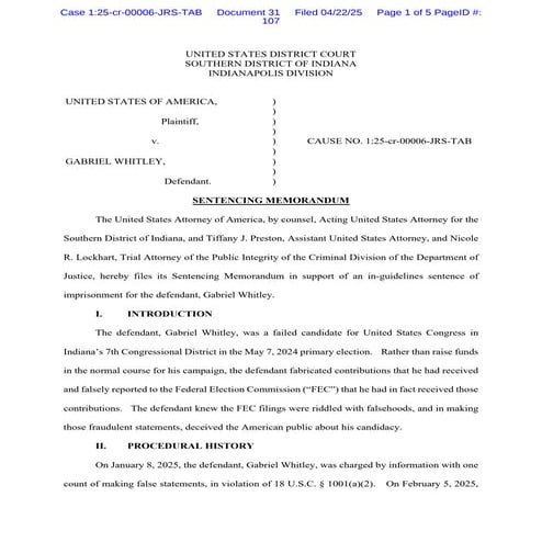 Govt Recommends Up to six months  in Prison for former Indiana Congressional ...