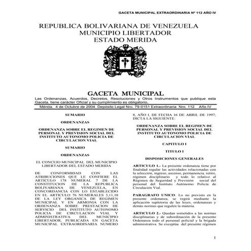 Gaceta ext n° 112 ( ord. sobre el regimen de personal, policia vial)
