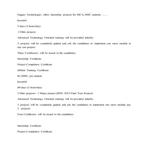 Gagner technologies offers internship projects for MCA/MSC