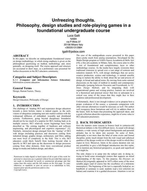 Unfreezing thoughts. Philosophy, design studies and role-playing games in a f...