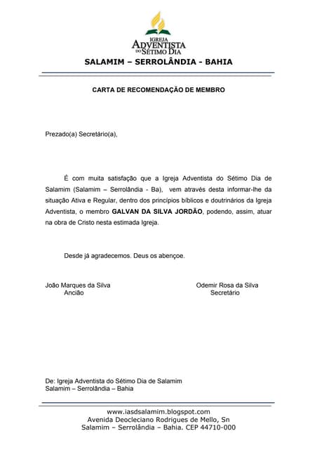 Carta de recomendação profissional word