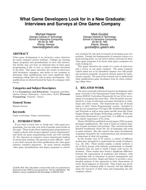 What Game Developers Look for in a New Graduate: Interviews and Surveys at On...