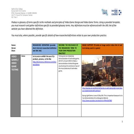 Game engine terminology worksheet