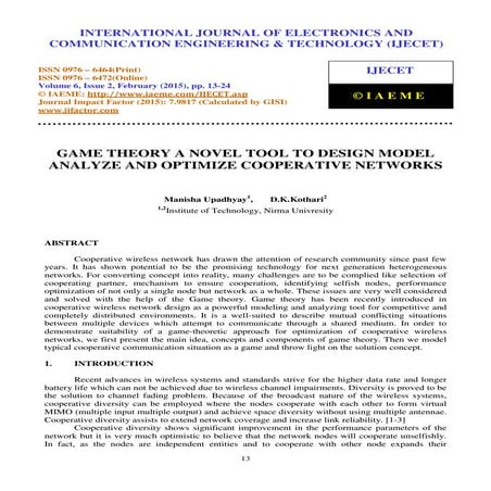 Game theory a novel tool to design model analyze and optimize cooperative net...