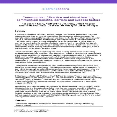 Communities of Practice and virtual learning communities: benefits, barriers ...