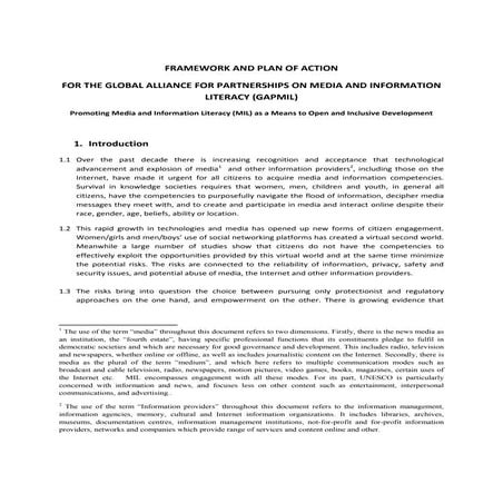 (GAPMIL) FRAMEWORK AND PLAN OF ACTION FOR THE GLOBAL ALLIANCE FOR PARTNERSHIP...
