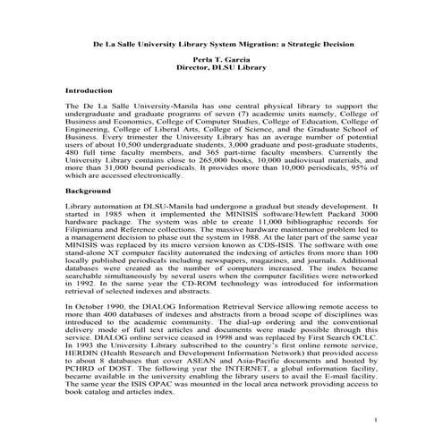 De La Salle University Library System Migration: a Strategic Decision