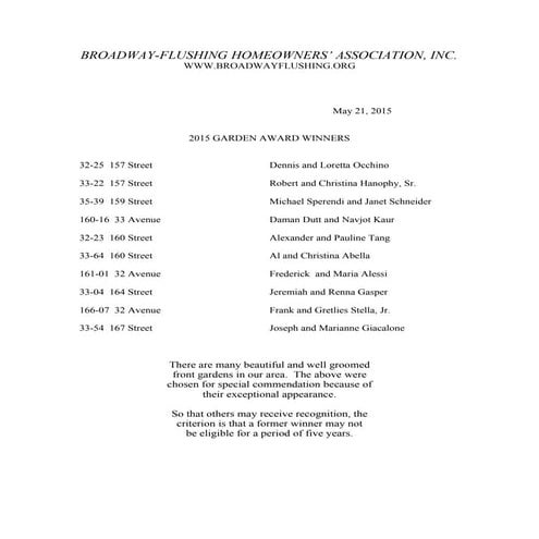 BFHA Spring Gardens Award List 2015