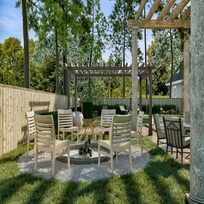 Garden design with swimming pool and outdoor area fireplace