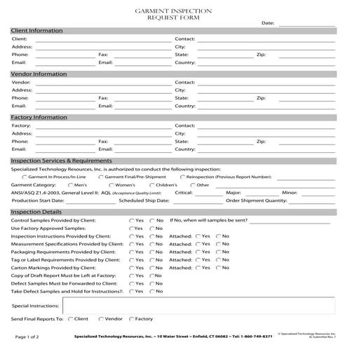 Garment inspectionrequest