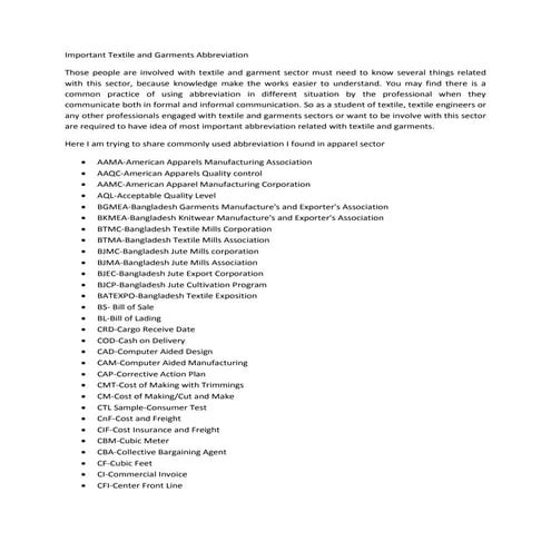 Garments related abbreviations
