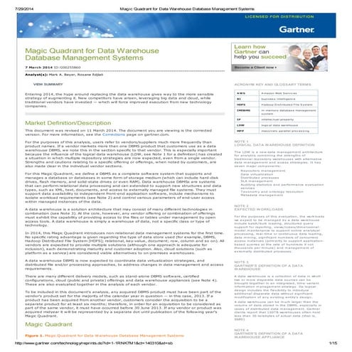 Gartner magic quadrant for data warehouse database management systems