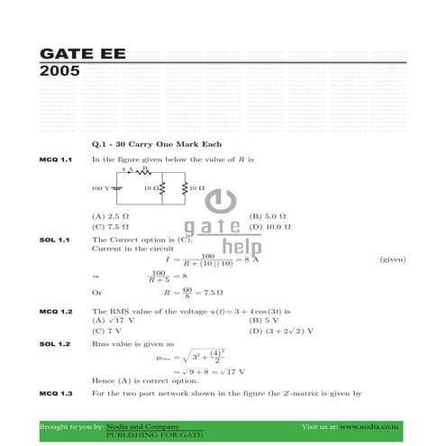 Gate ee 2005 with solutions