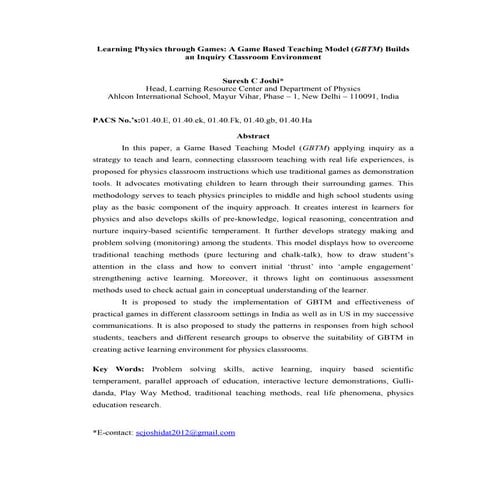 Game Base Teaching Model: learning Physics by Gulli-Danda 