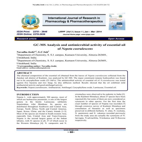 Gc ms analysis and antimicrobial activity of essential oil of nepeta coerules...