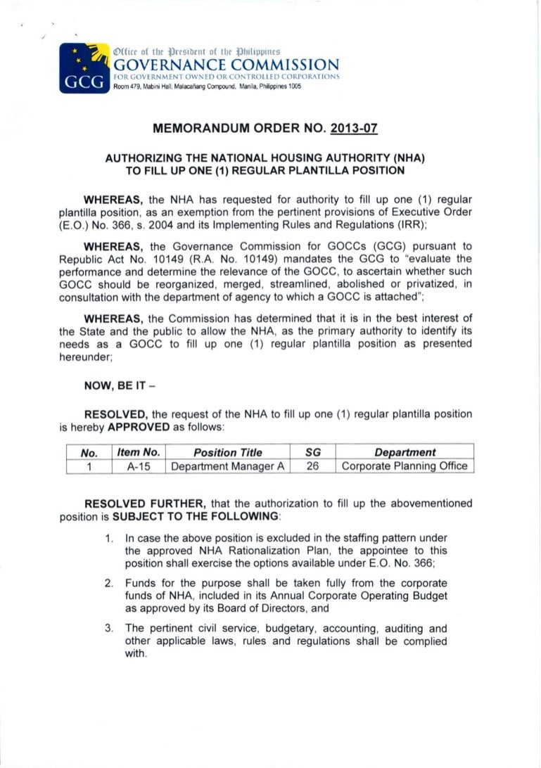 Gcg mo no. 2013 07 authorizing the national housing authority (nha)