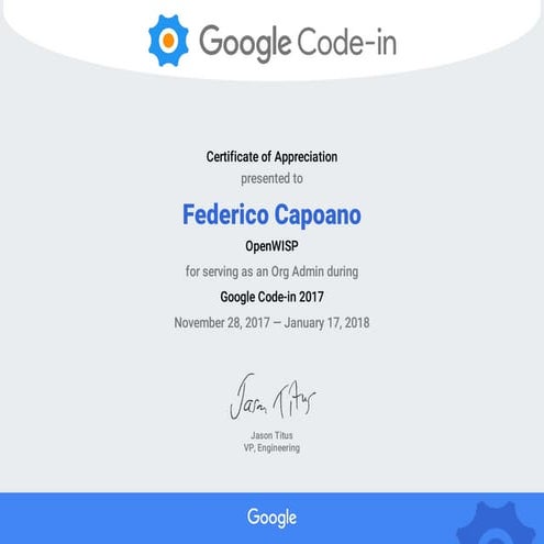 Google Code In 2017 Certificate