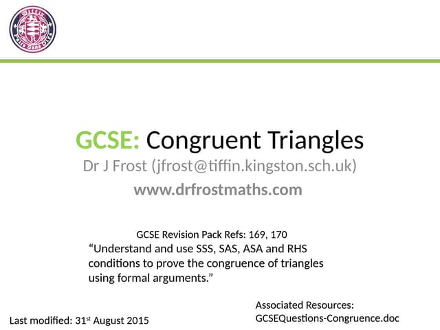 GCSE and IGCSE Congruent Triangles powerpoint