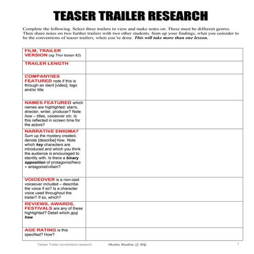 GCSE teaser conventions research template   v2