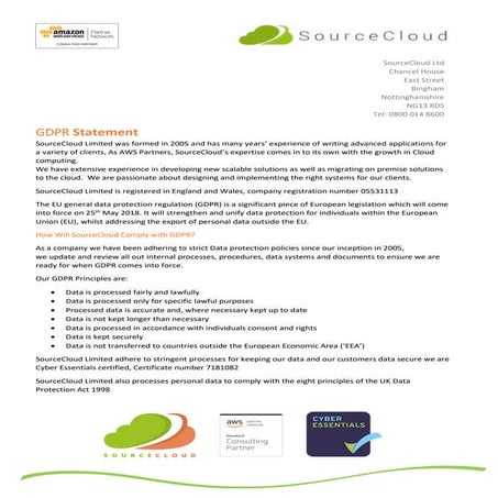 SourceCloud GDPR statement march 2018 