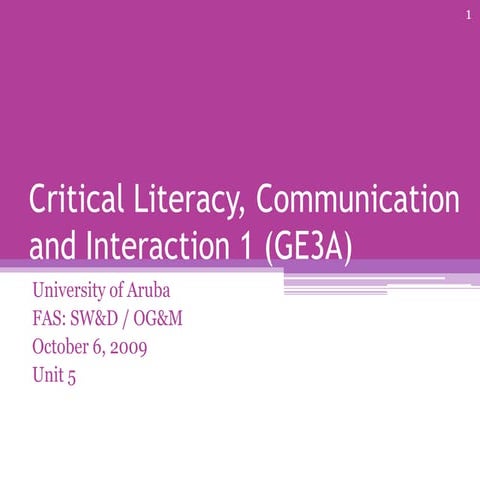 Critical Literacy, Communication and Interaction 1: Unit 5