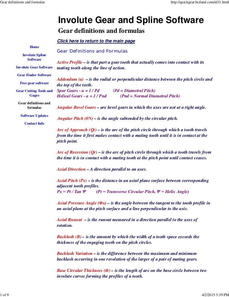 Gear definitions and formulas