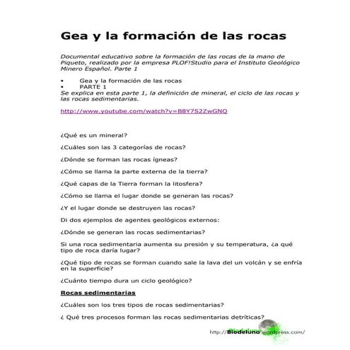 Gea Y La FormacióN De Las Rocas - Cuesionario