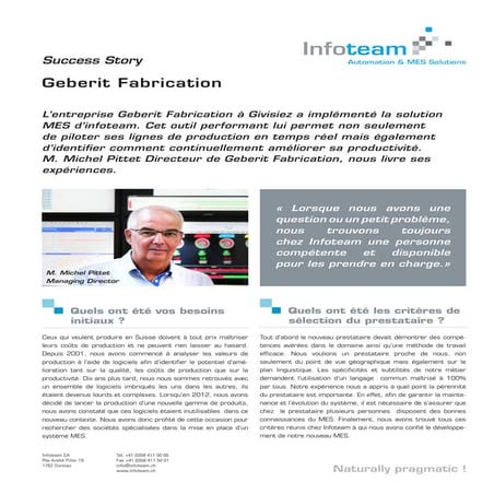Geberit Fabrication SA - Success Story - Manufacturing Execution System