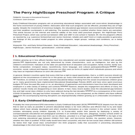 Geert Driessen (2023) Encyclopedia The Perry HighScope Preschool Program A Critique