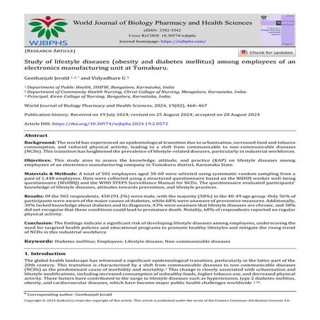 Study of lifestyle diseases (obesity and diabetes mellitus) among employees of an electronics manufacturing unit at Tumakuru.