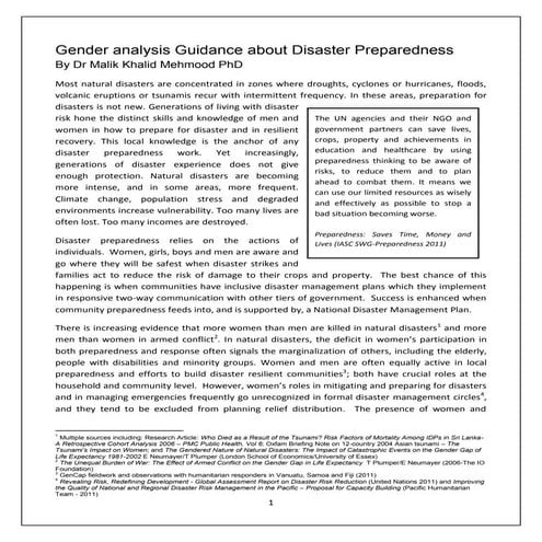 Gender analysis guidance about disaster preparedness