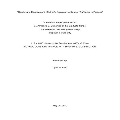 Gender and Development (GAD): An Approach to Counter Human Trafficking