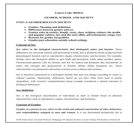 Gender,School and Society -Unit-1- Gender Roles in Society-B.Ed.Notes | PDF
