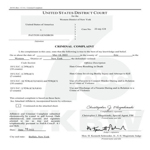 Federal criminal complaint against Buffalo mass shooting suspect