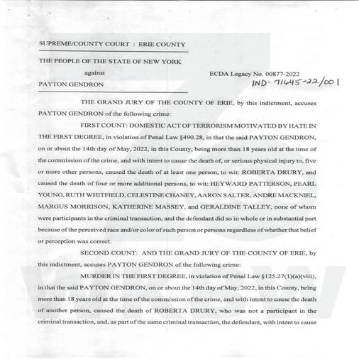 Grand Jury Indictment of Payton Gendron in Buffalo Mass Shooting