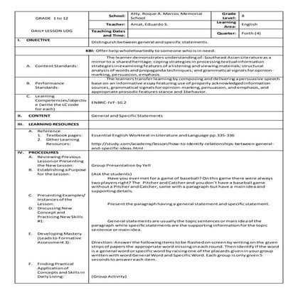 General and specific statement  daily lesson log