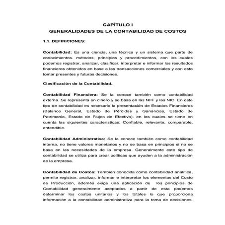 Generalidades de la contabilidad de costos | DOCX