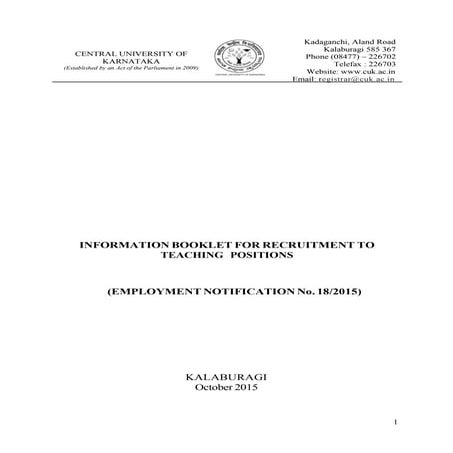 Recruitment in Central University of Karnataka for Teaching Posts