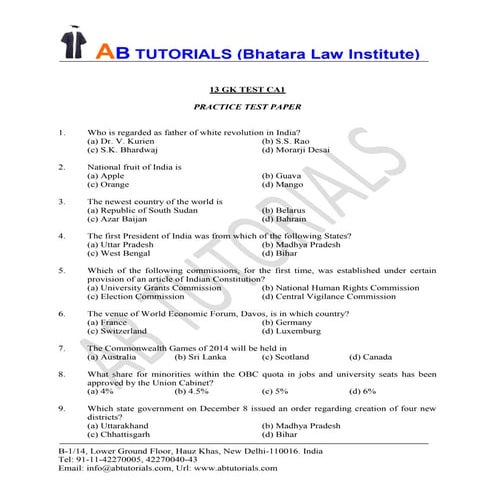 General knowledge for clat-sample test