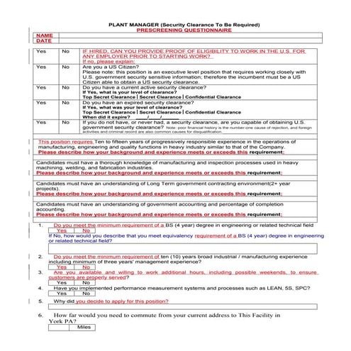 General Manager Or Plant manager prescreening questionnaire