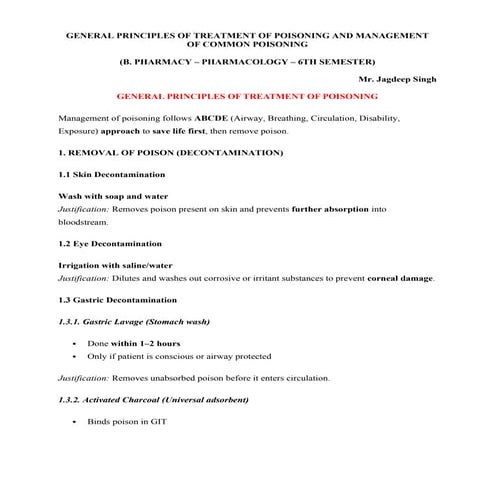 General Principles of treatment of Poisoning | PDF