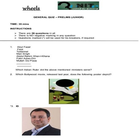 General quiz prelims (junior) (TATA Wheels 2016)