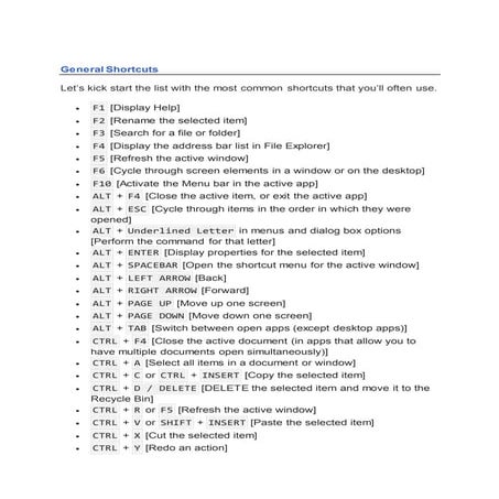 General window shortcuts