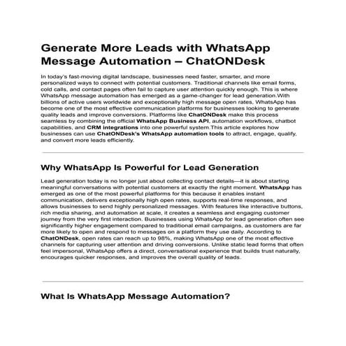 Boost Lead Generation with WhatsApp Automation Using ChatONDesk | PDF