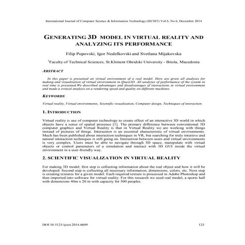 Generating 3 d model in virtual reality and analyzing its performance