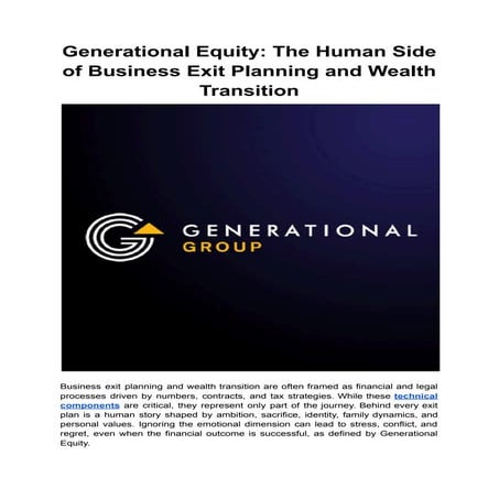 Generational Equity The Human Side of Business Exit Planning and Wealth ...