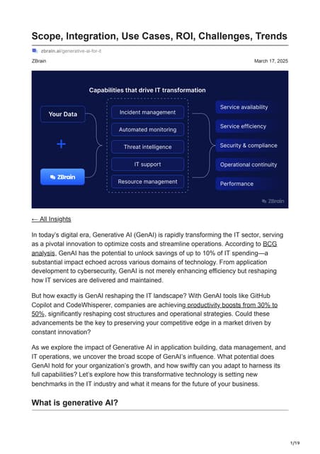 Generative AI in IT Scope, market dynamics, use cases, challenges, ROI and fu...