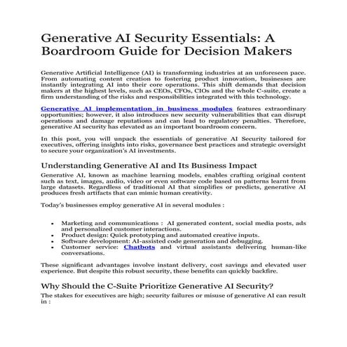 Generative AI Security Essentials: A Boardroom Guide for Decision Makers