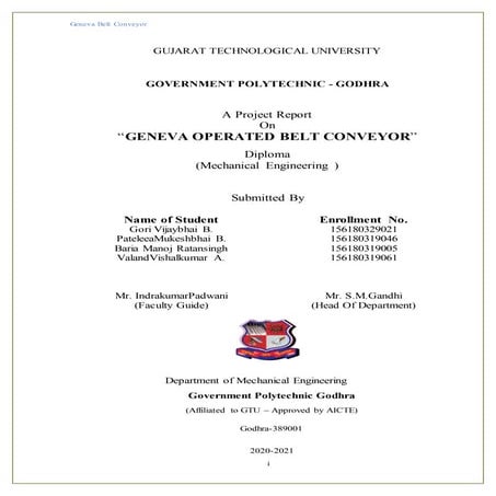 Project report on Geneva operated belt conveyor By Indrakumar R Padwani