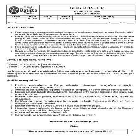 Geo 9º ano roteiro de estudo simulado 2ª etapa 2016